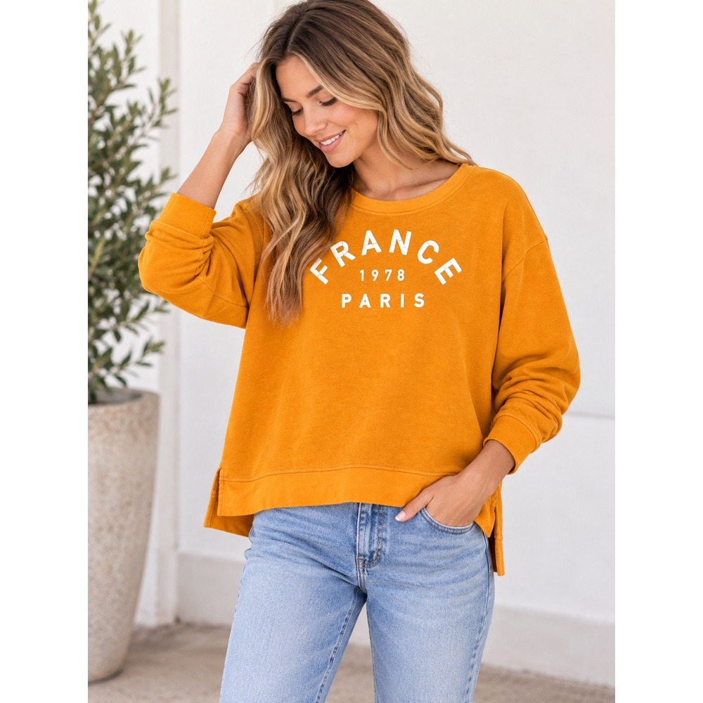 Fifth Sun Womens France Paris 1978 Graphic Sweatshirt Mustard Yellow Preppy M
